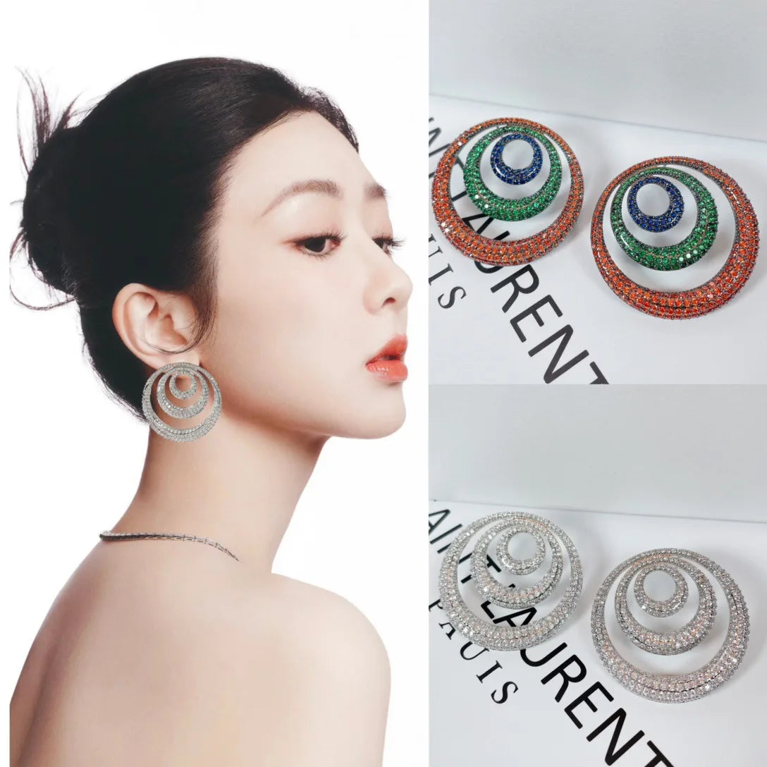 Bilincolor Hollowed-out Color-inlaid Zircon Geometric Round Light Luxury Earrings For Women