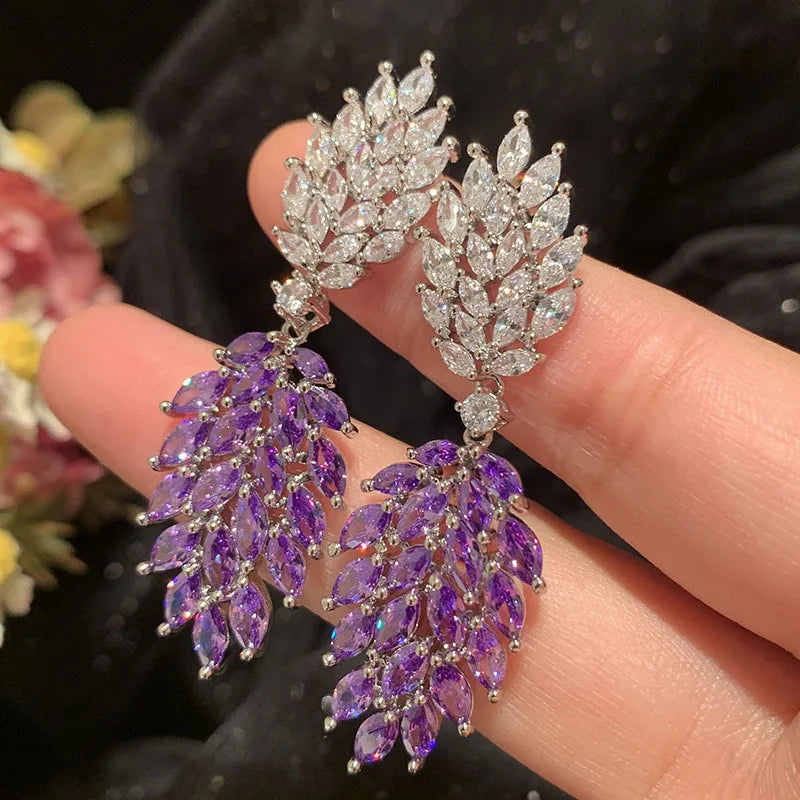 Bilincolor Purple Zircon Leaf Earrings  for Women