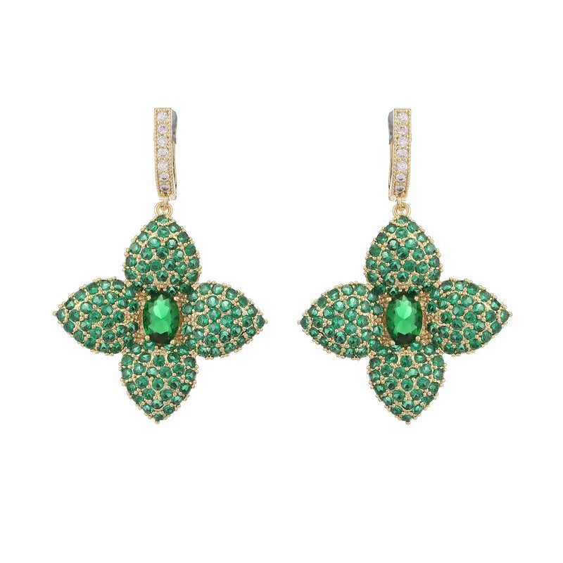 Bilincolor Luxury Zircon Four Leaf Flower Earrings for Gift