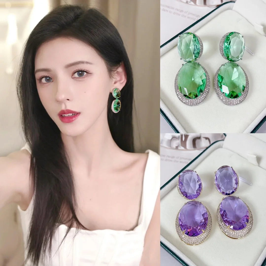 Bilincolor Geometric Oval Colored Zircon Light Luxury Earrings for Women