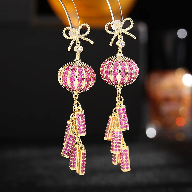 Bilincolor Light Luxury  Red Lantern Zircon Earrings for Wedding or Party