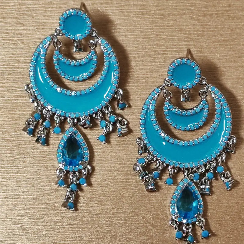 Bilincolor Sea Blue Moon Tassel Earrings For Women