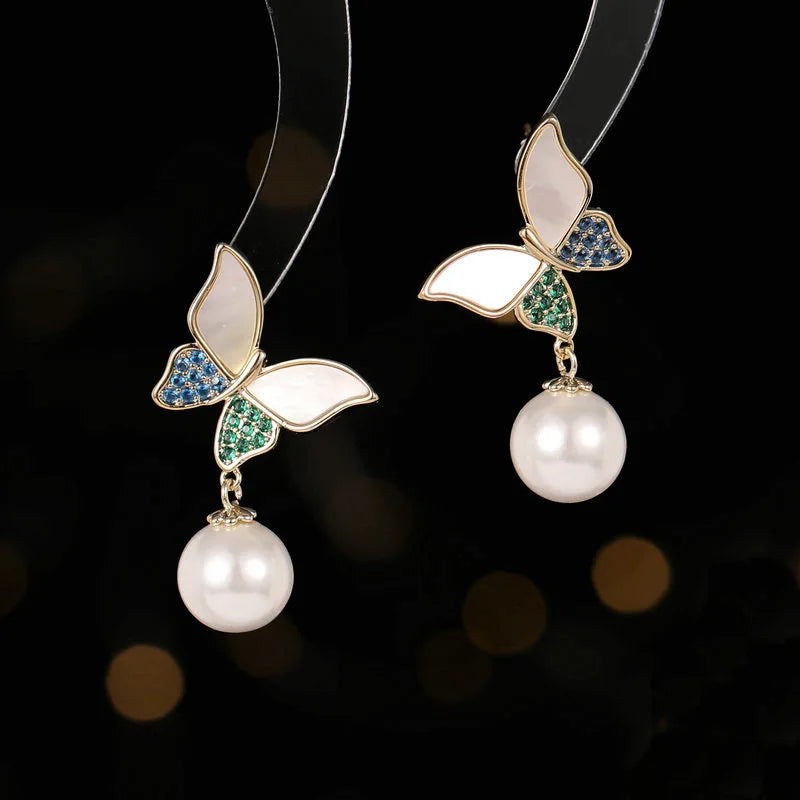 Bilincolor Natural White Fritillaria  Pearl Butterfly Earrings for Wedding or Party