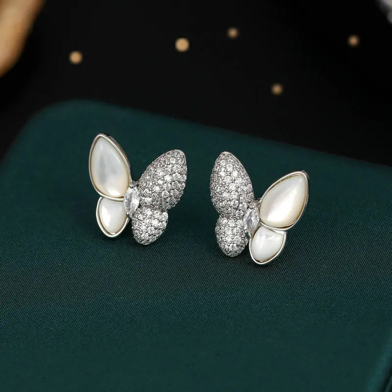 Bilincolor LuxuryZircon Inlaid Natural Fritillaria Butterfly Earrings  for  Wedding or Party