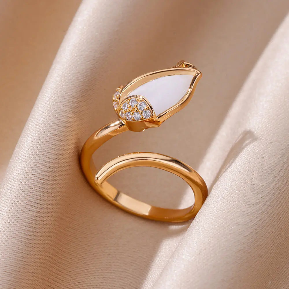 Pink Zircon Flower Rings for Women Gold Color Stainless Steel Ring 2024 Trend Elegant Floral Luxury Aesthetic Jewelry anillos