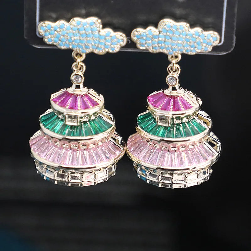 Bilincolor Micro Inlaid Zircon Chinese Style Auspicious Cloud 3D Pavilion Earrings for Women