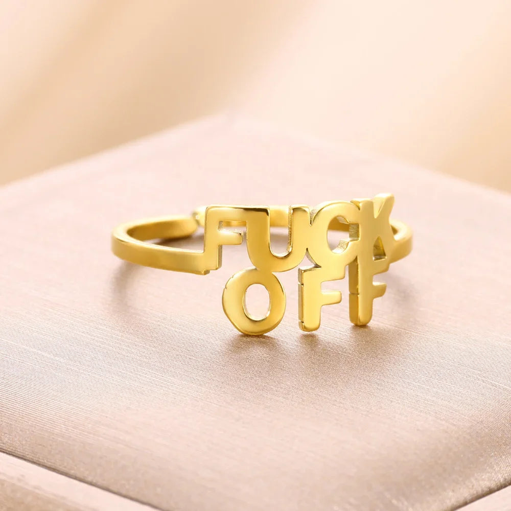 Gold Color Fuxk off Rings for Women Opening Stainless Steel Ring 2024 Trend New in Design Letter Band Couple Aesthetic Jewelry