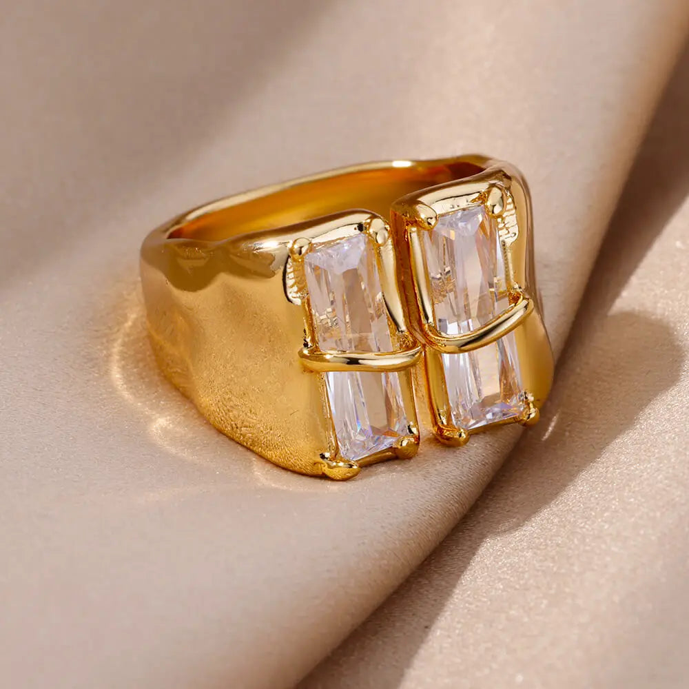 Square Zircon Rings for Women Opening Stainless Steel Ring Vintage Couple Wedding Band Jewelry Finger Accessories anillos mujer