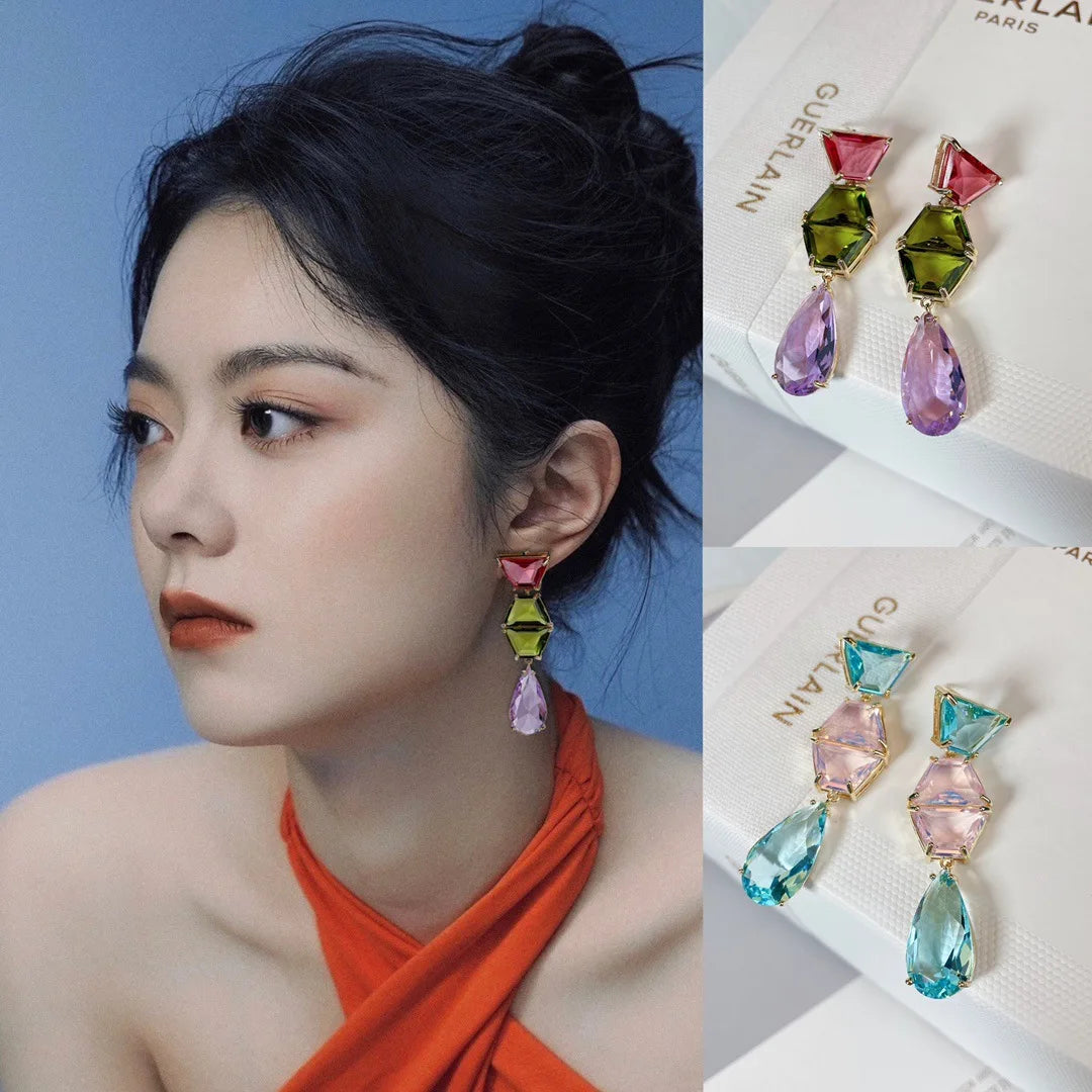 Bilincolor Geometric Colored Zircon Light Luxury Water Drop Shaped Earrings