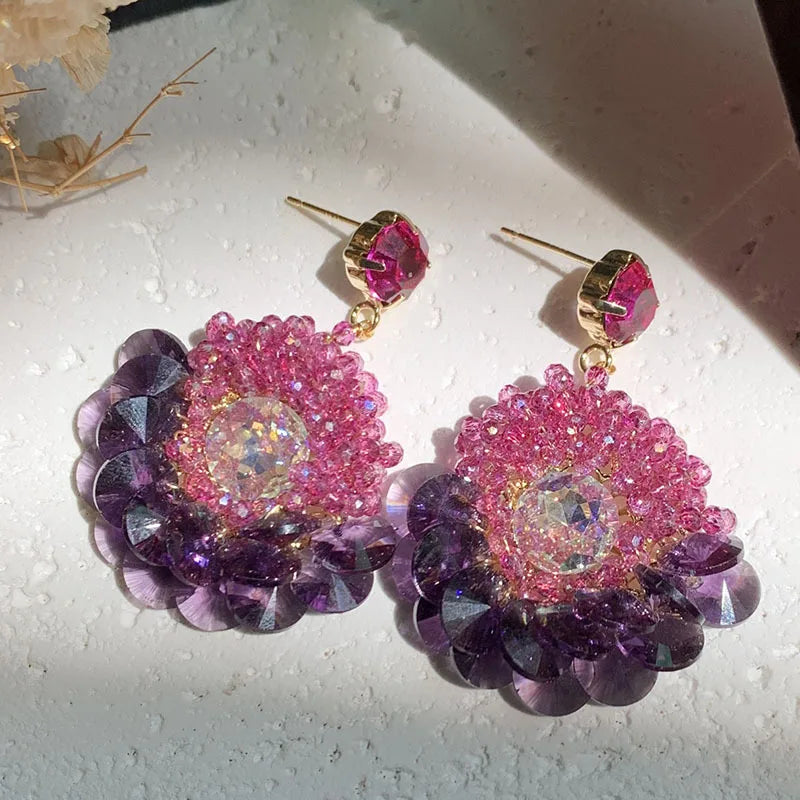 Bilincolor Luxury Rose Flower Crystal Earrings for Party or Wedding