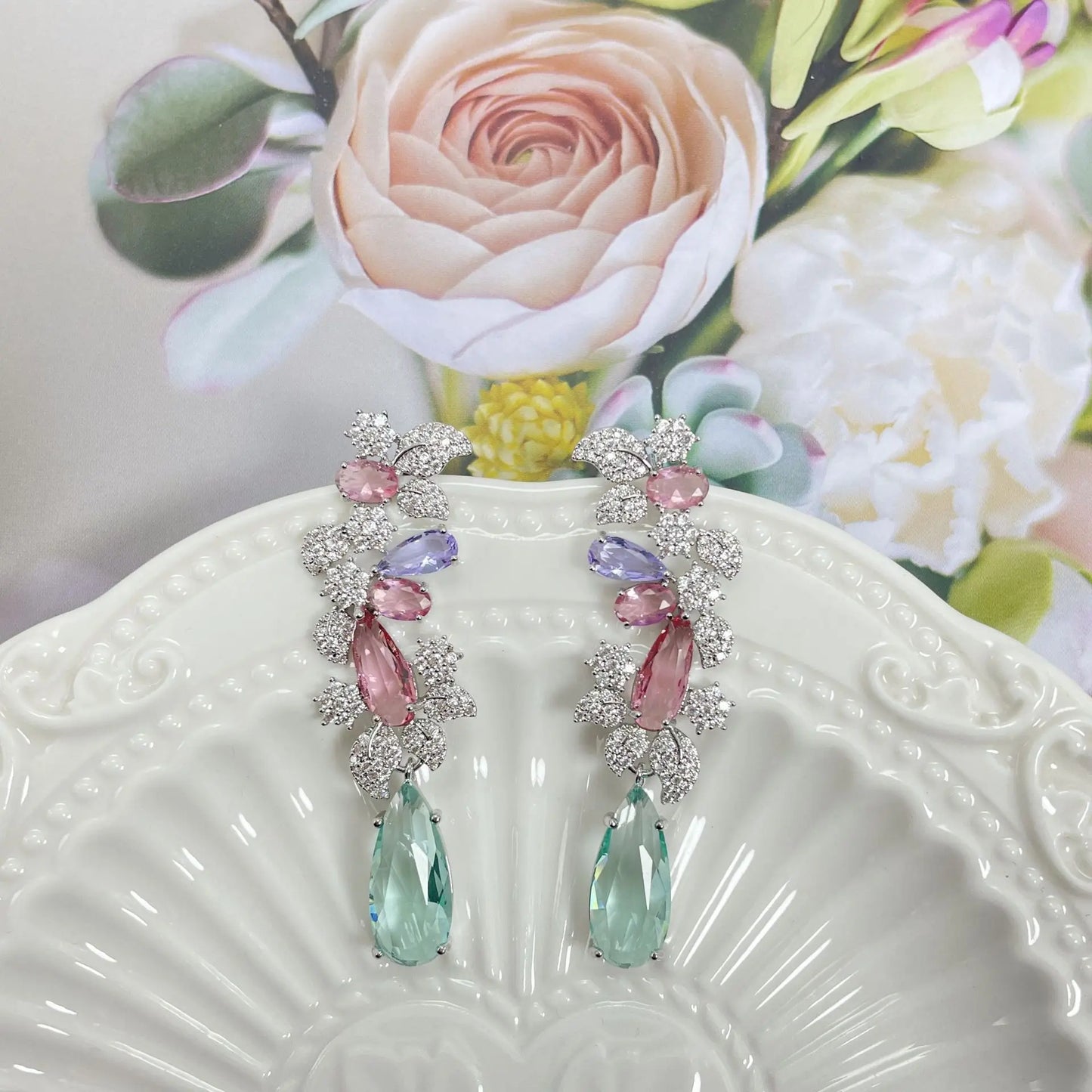 Bilincolor Drop-shaped Color Zircon Flower Earrings For Women