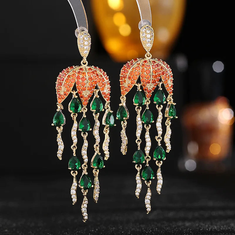 Bilincolor Luxury Colorful Zircon Inlaid Petal Water Drop Fringe Earrings  for  Wedding  or Party