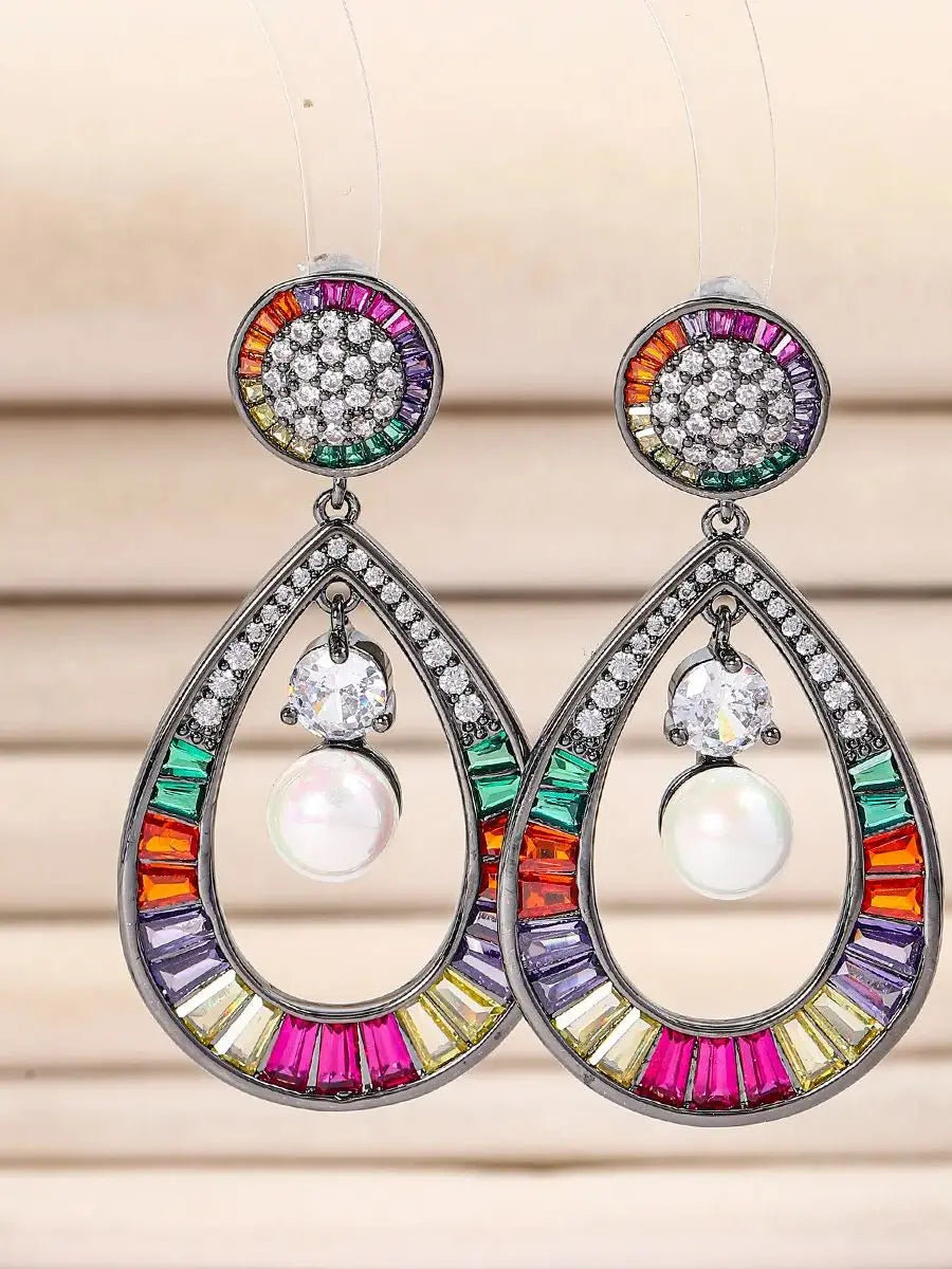 Bilincolor Heavy Industry Colored Zircon Water Drop Retro Earrings For Women