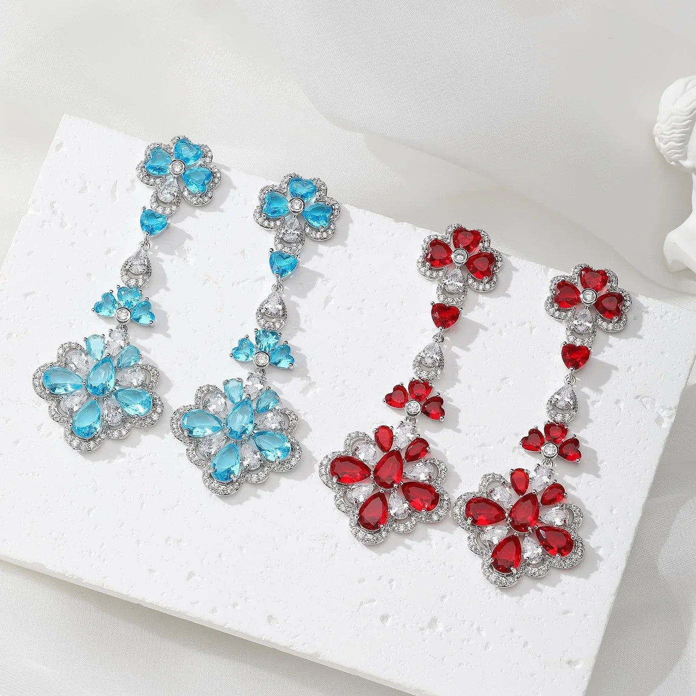 Bilincolor Light Luxury Red Blue Zircon Flower  Earrings for Women