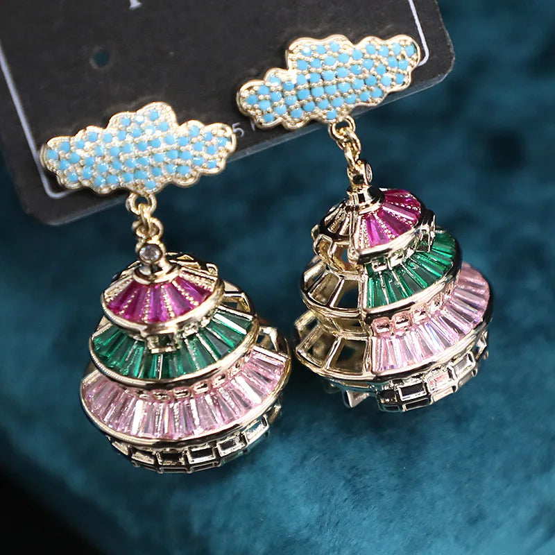 Bilincolor Micro Inlaid Zircon Chinese Style Auspicious Cloud 3D Pavilion Earrings for Women