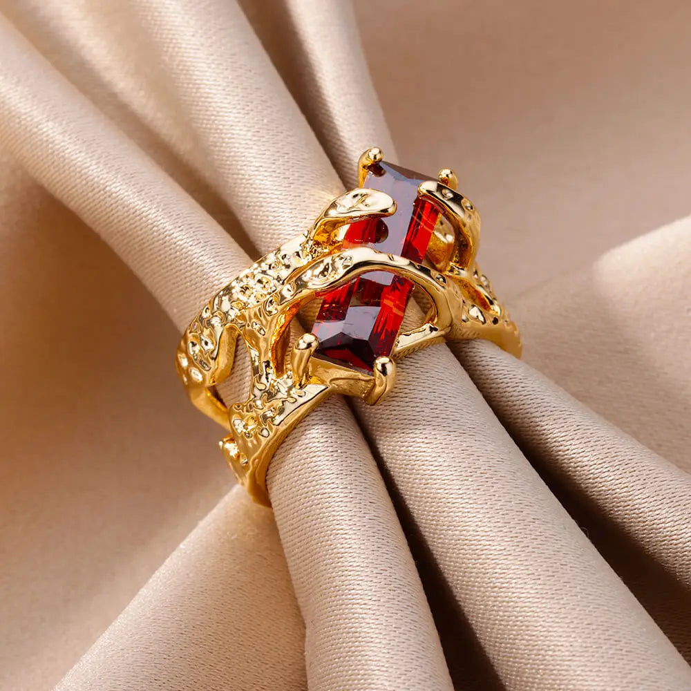 Red Zircon Stone Rings for Women Adjustable Stainless Steel Ring Vintage Wedding Band Jewelry Finger Accessories anillos mujer