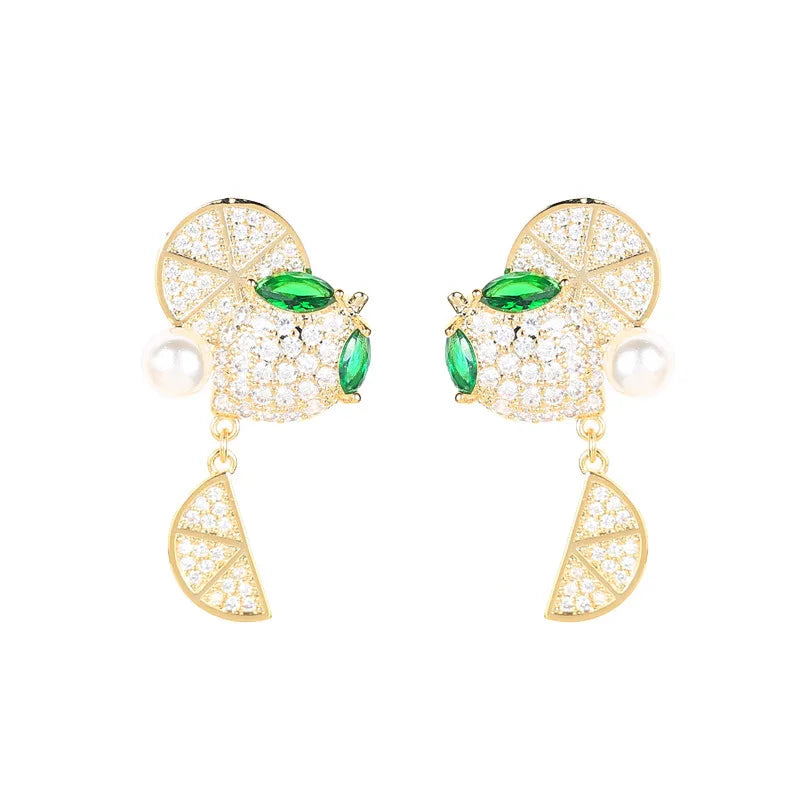 Lemon Slice Zircon Pearl Earrings For Women or Girls  Chrismas' Gift