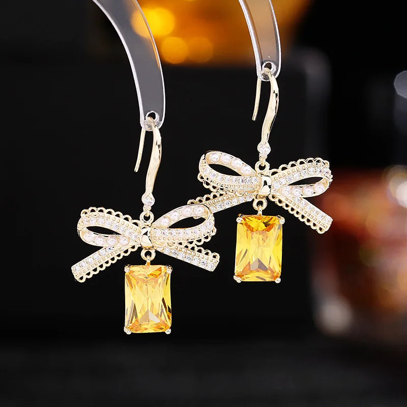 Bilincolor Light luxury zircon pearl Bow Earrings  for Wedding or Party