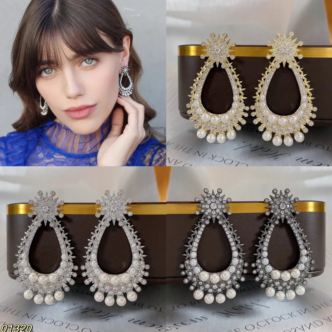 Bilincolor Micro Set Zircon Water Drop Star Pearl Earrings  for Women