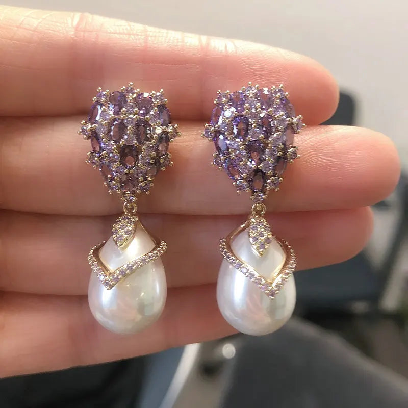 Bilincolor Luxury Zircon Drop Pearl Earrings  for Wedding or Party