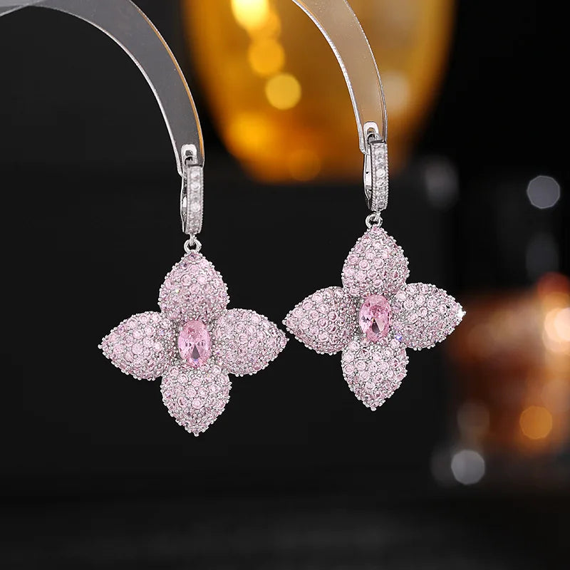 Bilincolor Luxury Zircon Four Leaf Flower Earrings for Gift