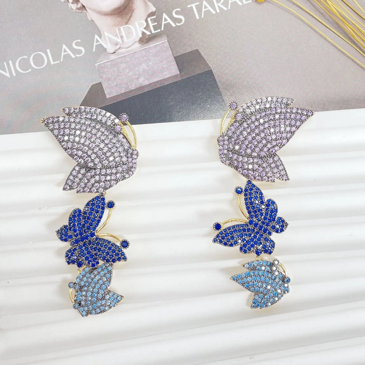 Bilincolor Light Luxury Colorful Zircon Butterfly Earrings for Women