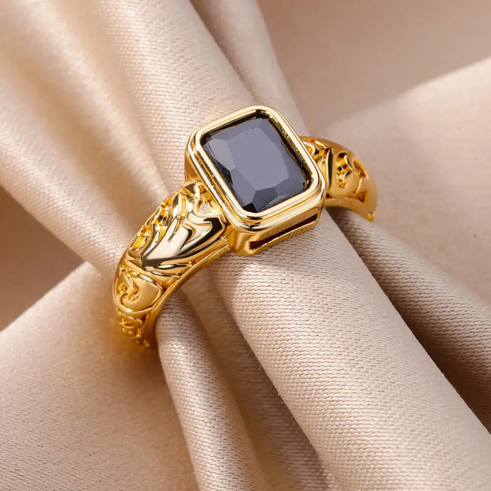 Square Black Zircon Rings for Women Girls Casting Vintage Stainless Steel Ring New in Design Wedding Band Jewelry anillos mujer