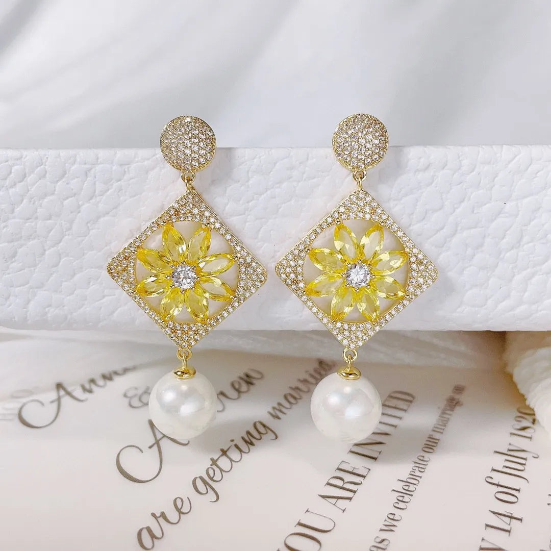 Bilincolor Fashion Pearl Window Flower Colored Zircon Earrings for Wedding or Party