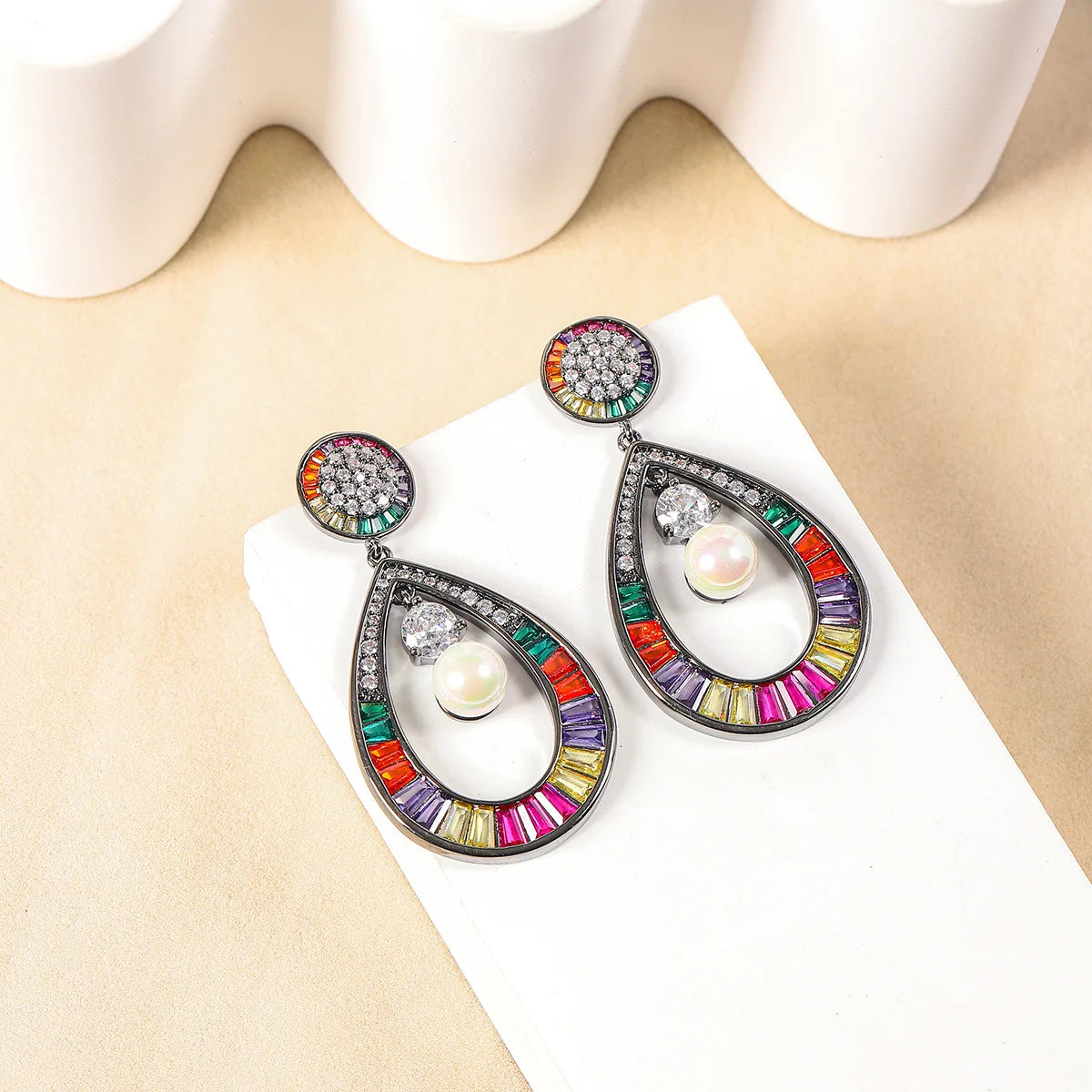 Bilincolor Heavy Industry Colored Zircon Water Drop Retro Earrings For Women