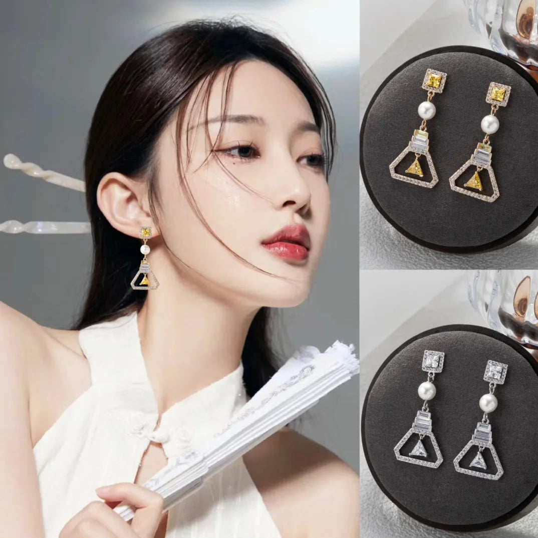 Bilincolor  Exquisite Triangular Colored Zircon Pearl Earrings for Women