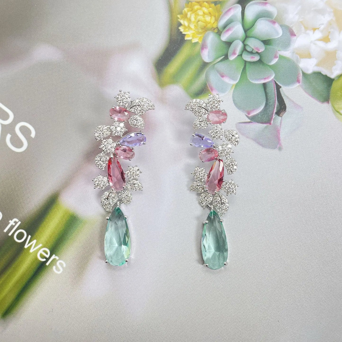 Bilincolor Drop-shaped Color Zircon Flower Earrings For Women