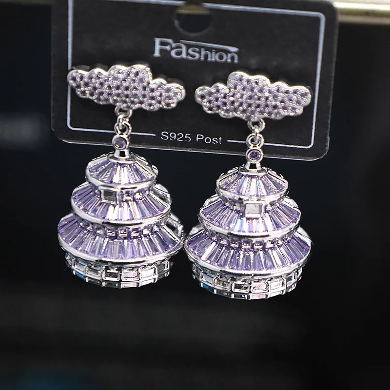 Bilincolor Micro Inlaid Zircon Chinese Style Auspicious Cloud 3D Pavilion Earrings for Women