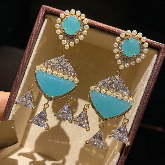 Bilincolor Vintage Style Luxury Light Blue Triangular Zircon Earrings for Women