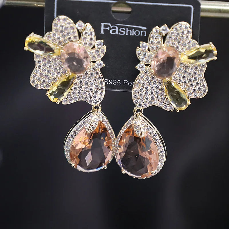 Bilincolor Micro Set Zircon Flower Transparent Water Drop Earrings for Women