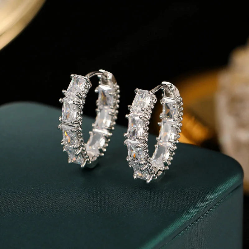 Korean Style Square Zircon Simple Water Drop Hoop Earring for Wedding or Party