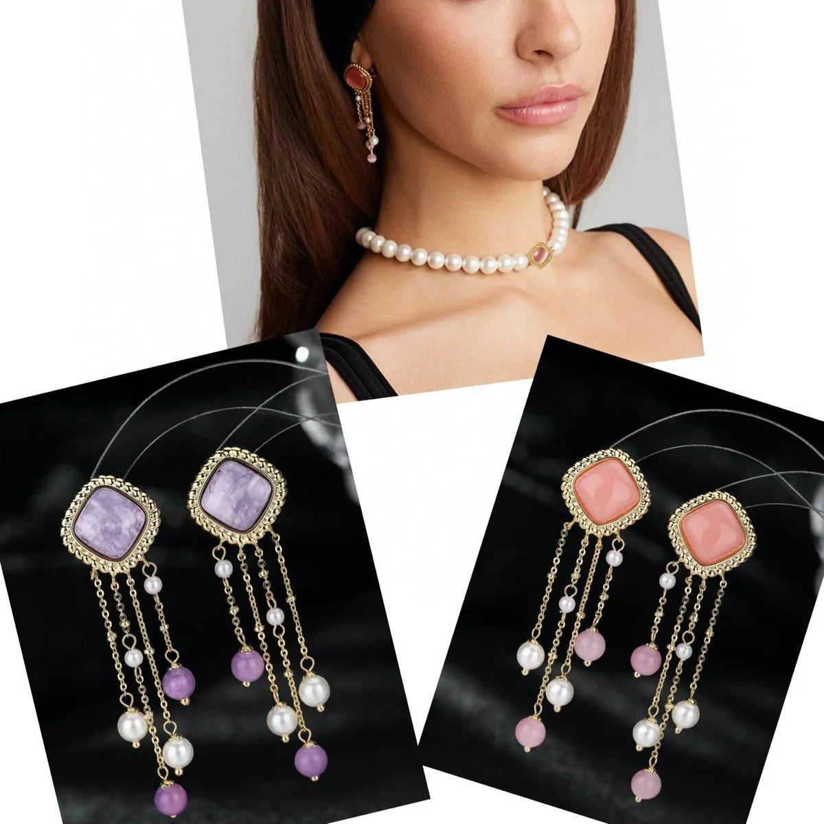 Bilincolor Quadrilateral Cat Eye Zirconium Inlaid Colorful Bead Tassel Earrings for Women