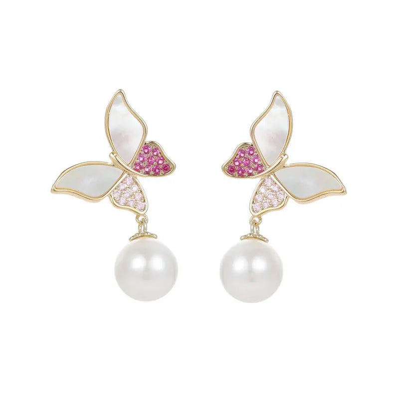 Bilincolor Natural White Fritillaria  Pearl Butterfly Earrings for Wedding or Party