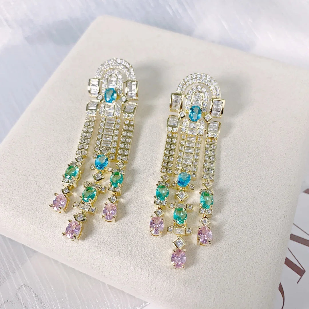 Bilincolor  Light Luxury Colorful Gem Tassel Earrings for Women