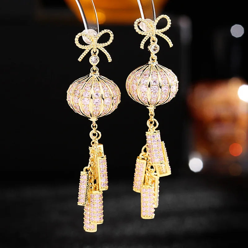 Bilincolor Light Luxury  Red Lantern Zircon Earrings for Wedding or Party