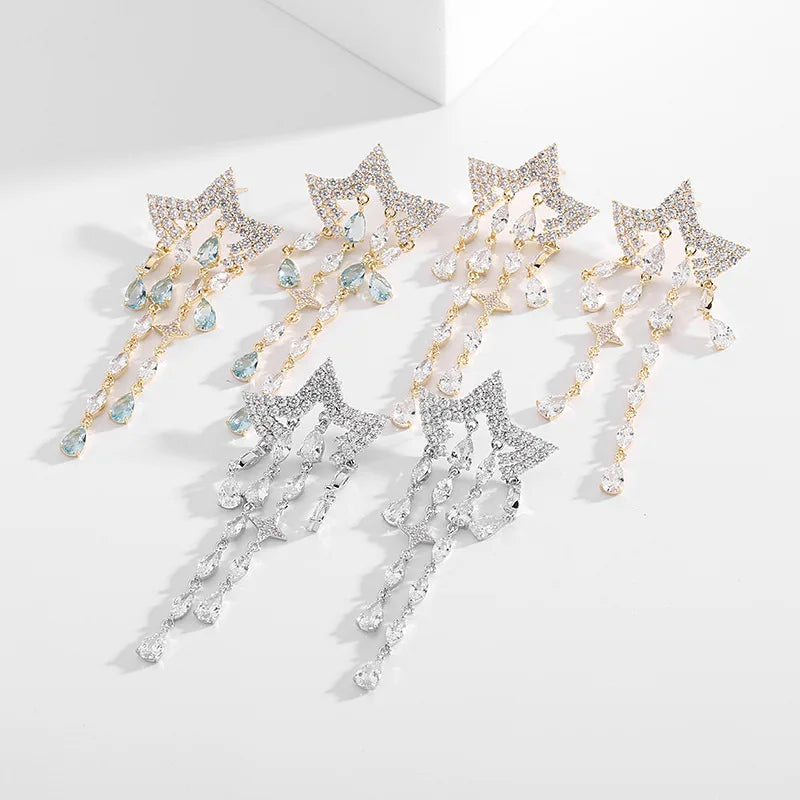 Bilincolor Long Five Pointed Star Tassel Drop Earrings For Wedding or Party