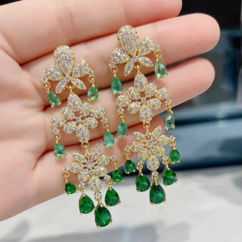 Bilincolor   Micro Set Zircon Flower Tassel Water Drop Earrings for Women