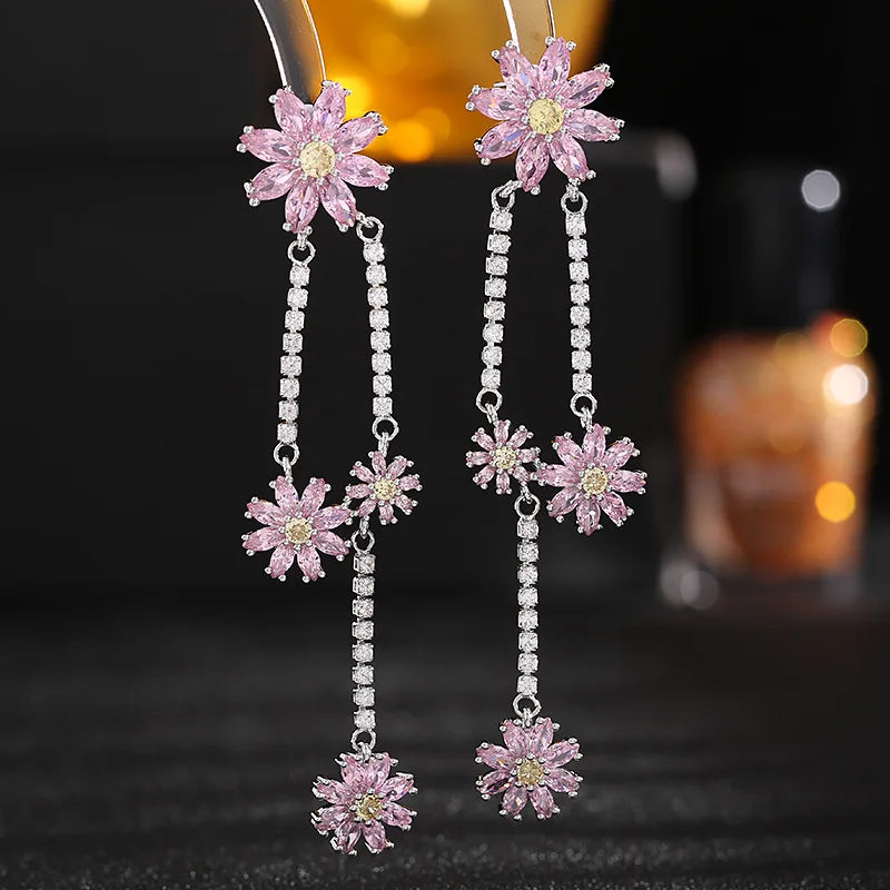 Bilincolor New Luxury Multi-layer Long Blue Zircon Flower Daisy Earrings for Gift