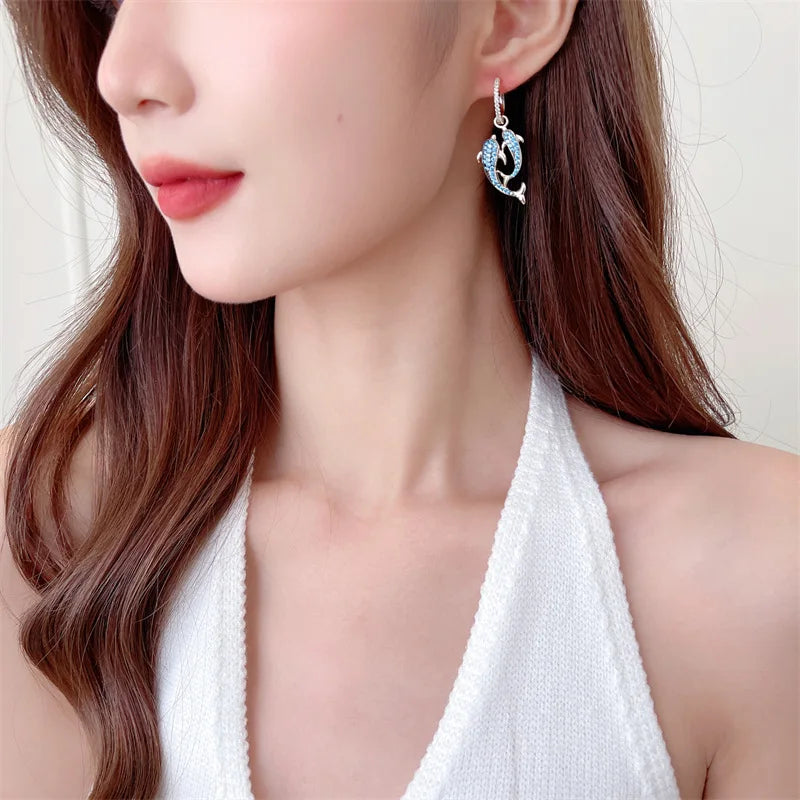 Bilincolor New Korean Version Creative and Personalized Animal Double Dolphin Earrings for Wedding or Party