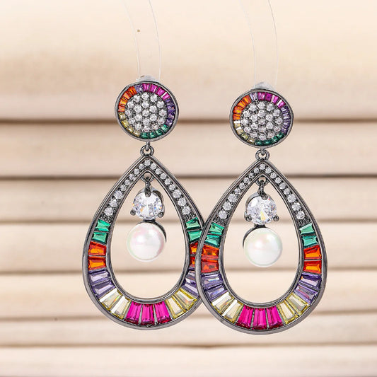 Bilincolor Heavy Industry Colored Zircon Water Drop Retro Earrings For Women