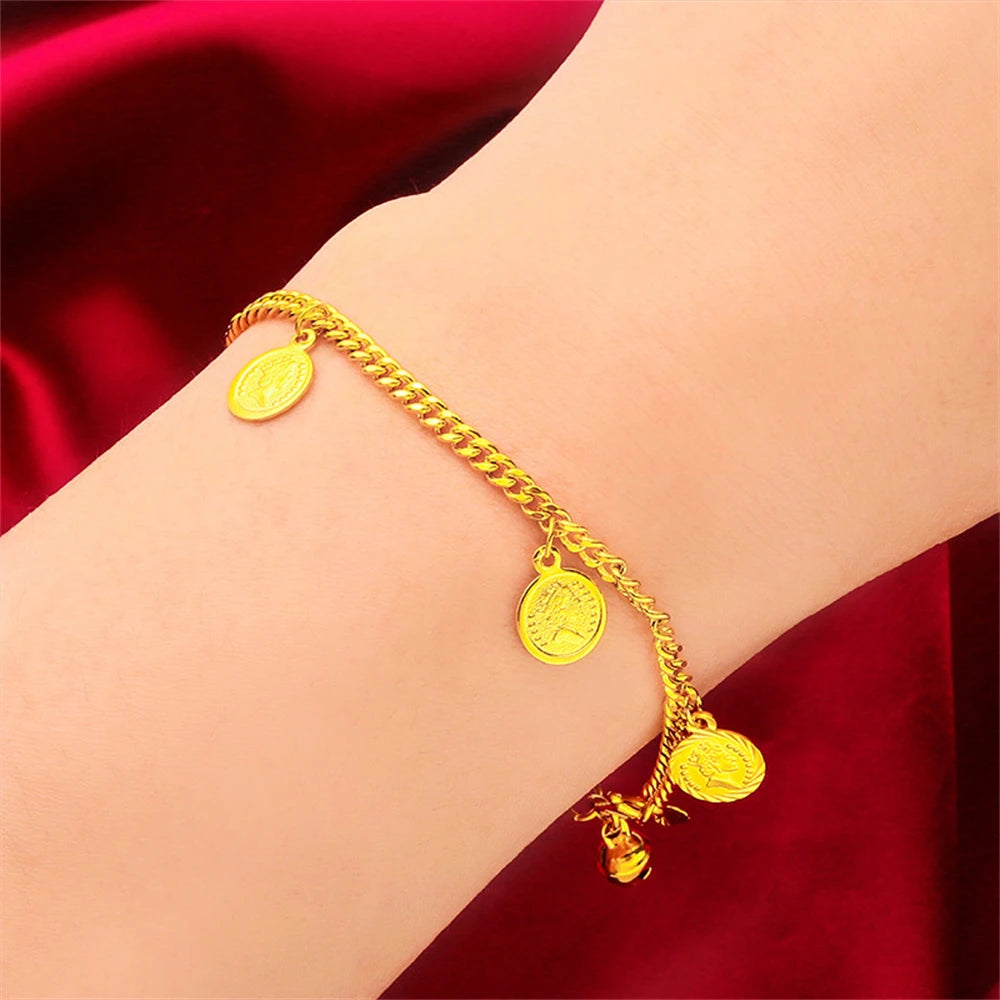 Women's Hand Bracelets Gold Color Round Coin Charm Bracelet Chain 18.5cm Pulsera Femme Wristband Retro Jewelry Accessories Gifts