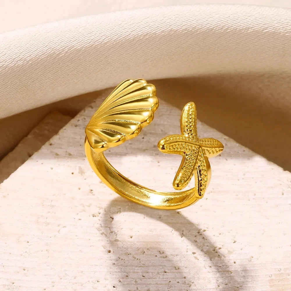 Shell Starfish Rings for Women Waterproof Gold Color Stainless Steel Ring Ocean Aesthetic Jewelry Lucky Couple Gift anillos 2024