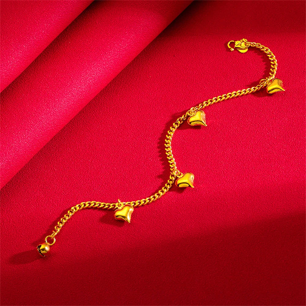 Yellow Gold Color Link Chain Bracelets For Women Five Hearts Charm Bracelet Pulseira Femme Wristband Retro Jewelry Wholesale