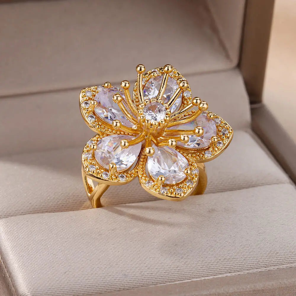 Pink Zircon Flower Rings for Women Gold Color Stainless Steel Ring 2024 Trend Elegant Floral Luxury Aesthetic Jewelry anillos