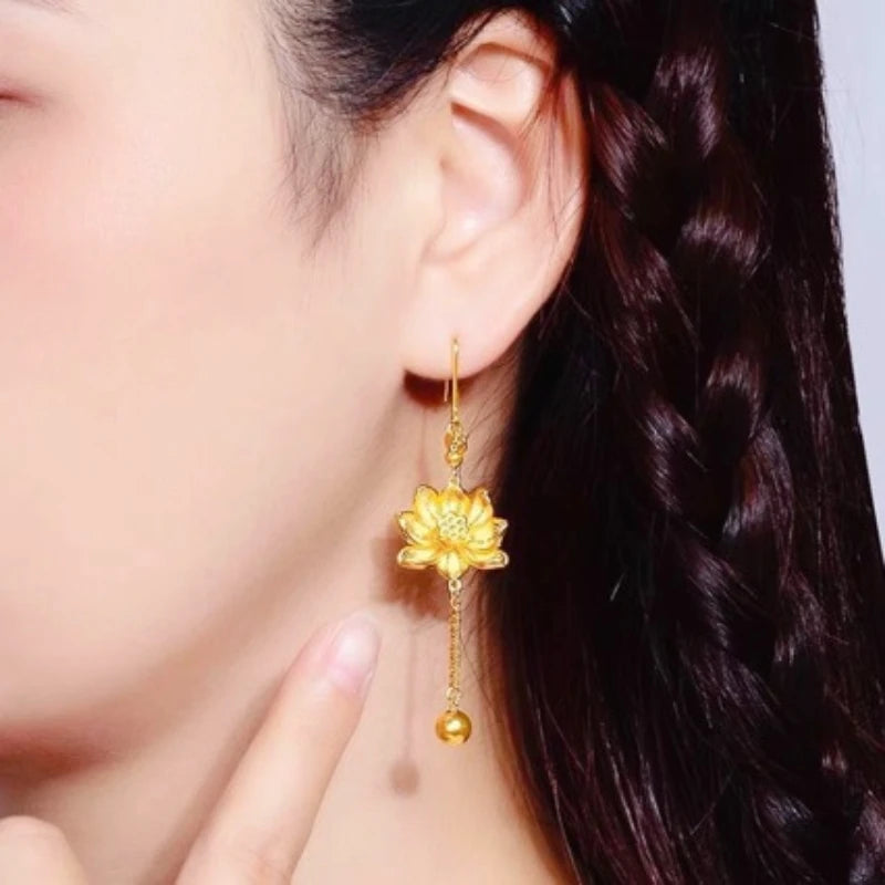 24k Gold Color Lotus Big Flower Long Tassel Earrings for Women Wedding Jewelry Accessories Wholesale Gifts