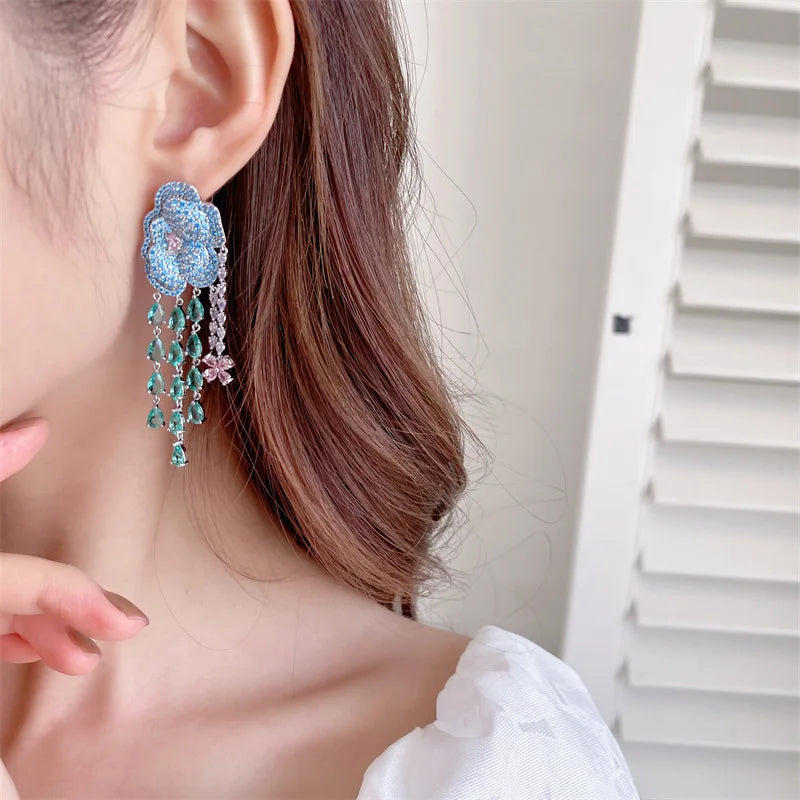 Bilincolor Luxury Zircon Butterfly Flower Tassel   Earrings for Wedding or Party